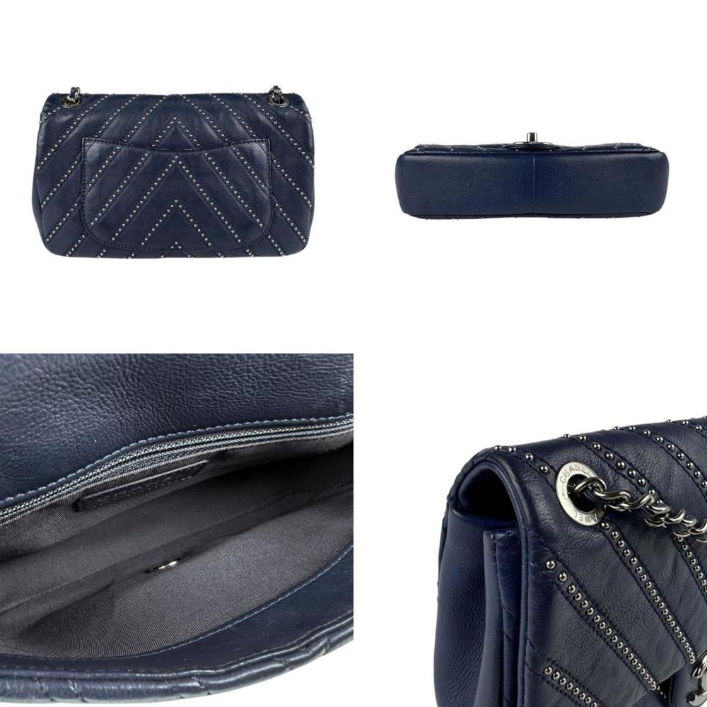 CHANEL Shoulder Bag V-Stitch Leather Metal Navy Silver Women's z5249 - Picture 3 of 5